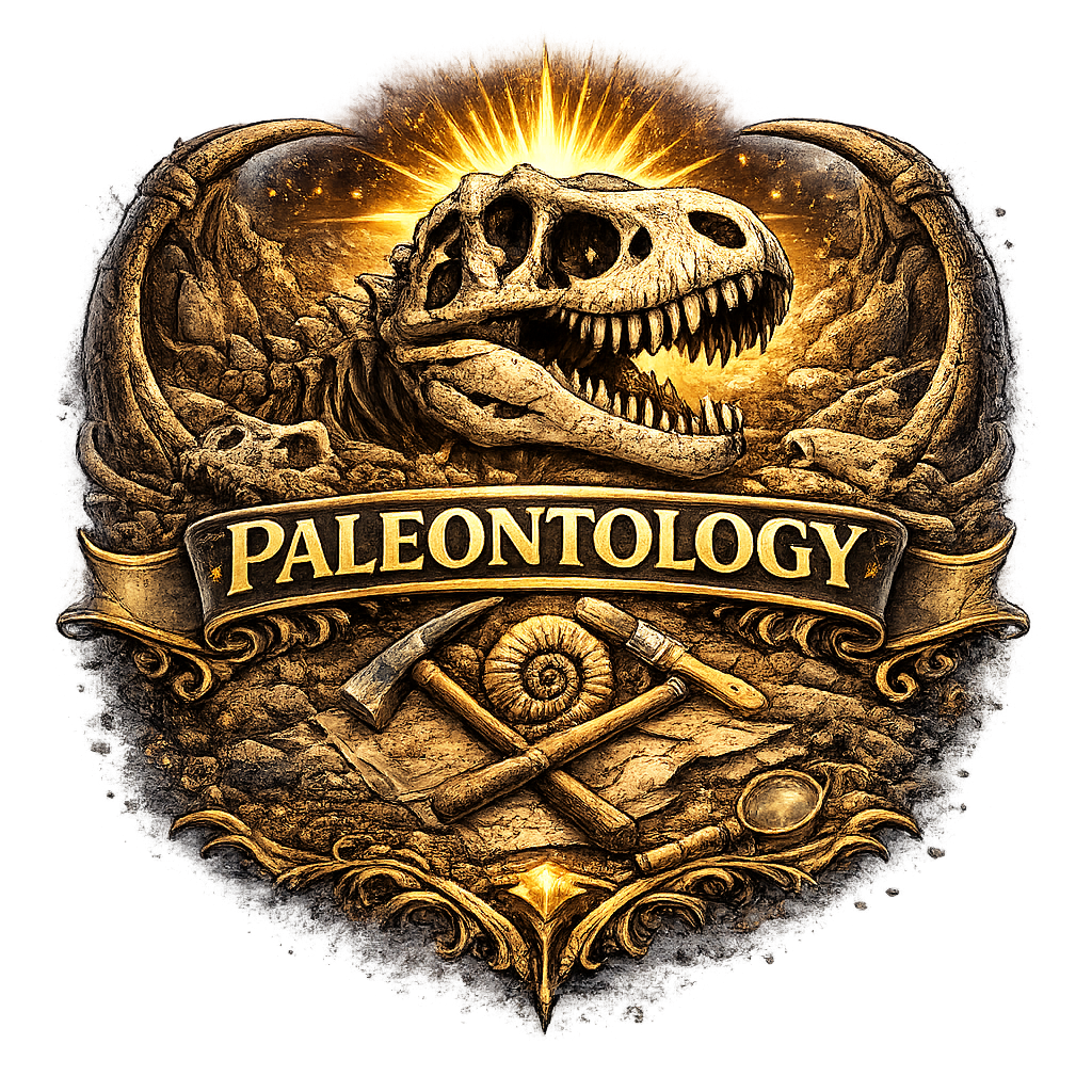 Paleontology — heraldic badge featuring a T-Rex skull, fossil tools, and an ammonite